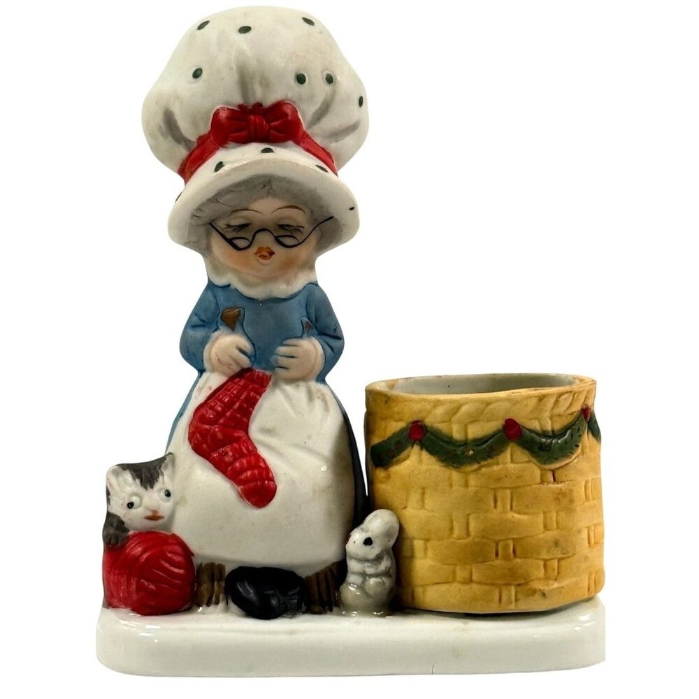 Vintage Christmas Mrs Claus Knit Candle Holder Trinket Dish Jasco 1978 Grannycor